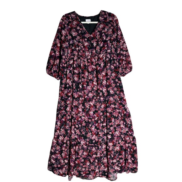 Isabel Maternity Maxi Tiered Dress Red Purple Floral Long Sleeve Size XL - Picture 1 of 13